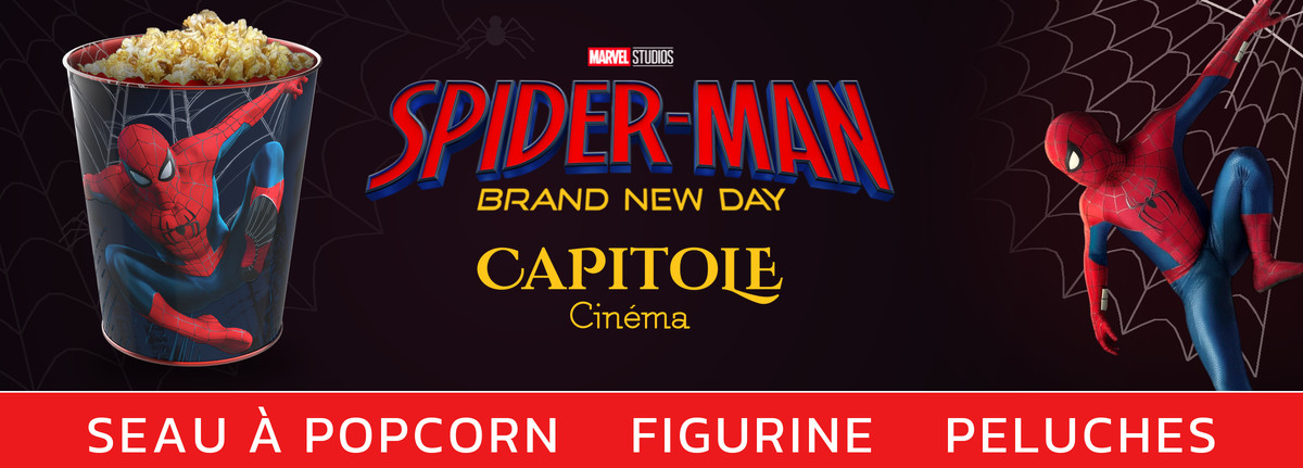 Seau à popcorn, figurine et peluches Spider-Man disponibles au bar du Capitole Cinéma à Nyon